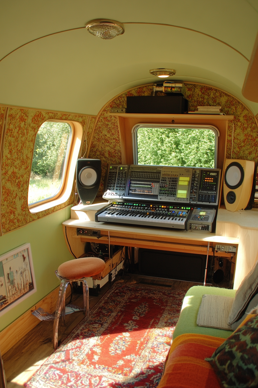 Mobile Studio Space. Digital audio workstation set in a retro caravan.