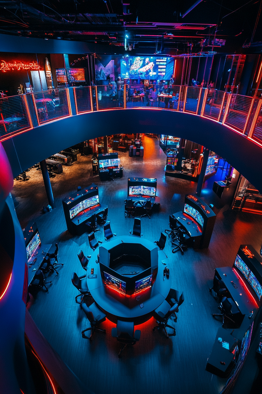 Social gaming space. Black gaming chairs, circular tournament setup, multicolor ambient lighting.