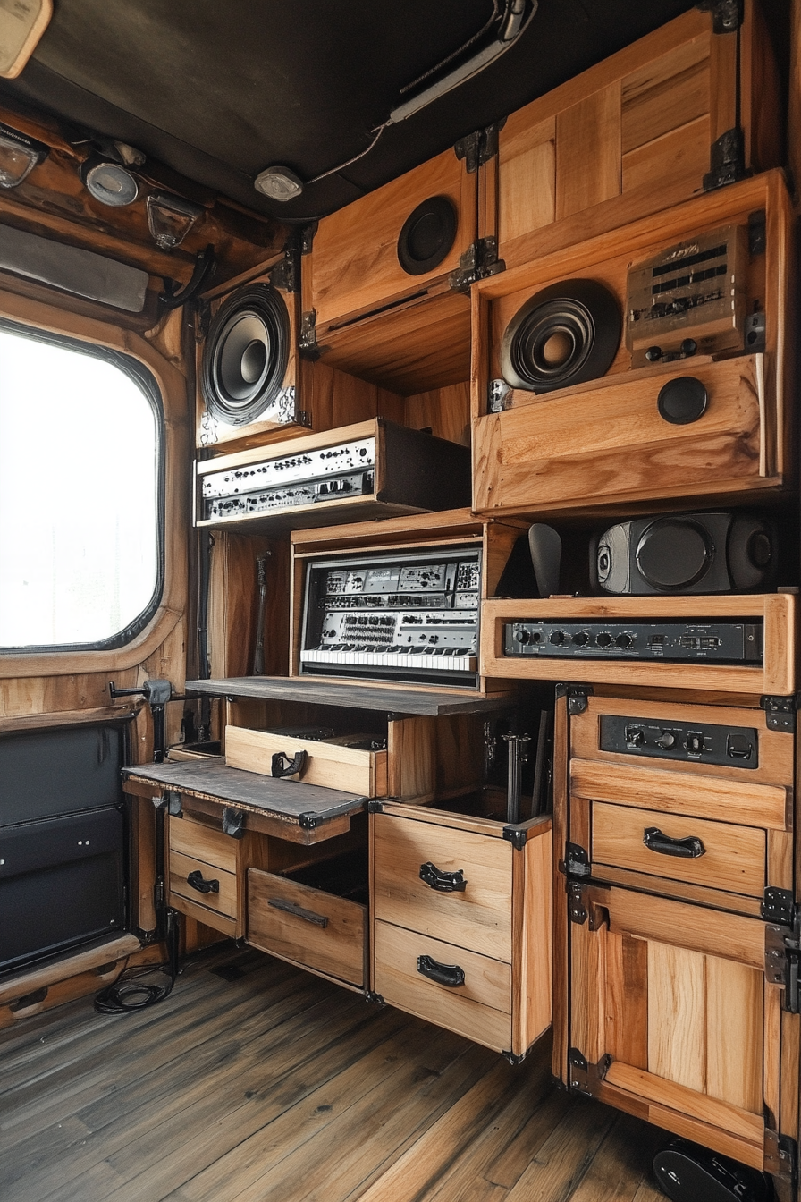 Mobile studio space. Multi-level sturdy wooden shelving with iron lockable compartments for instrument storage.