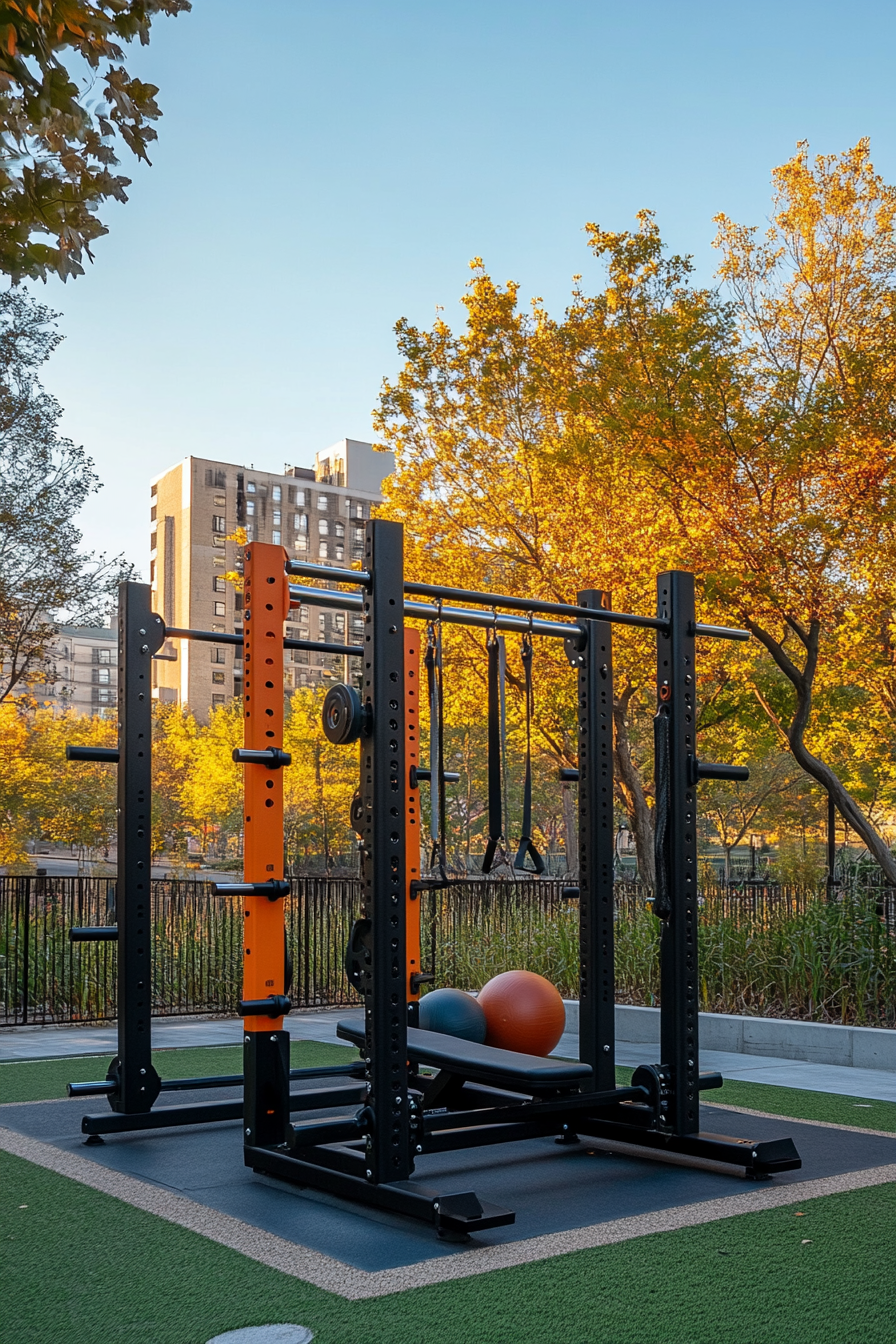 Fitness community space. Outdoor gym with adjustable resistance equipment.