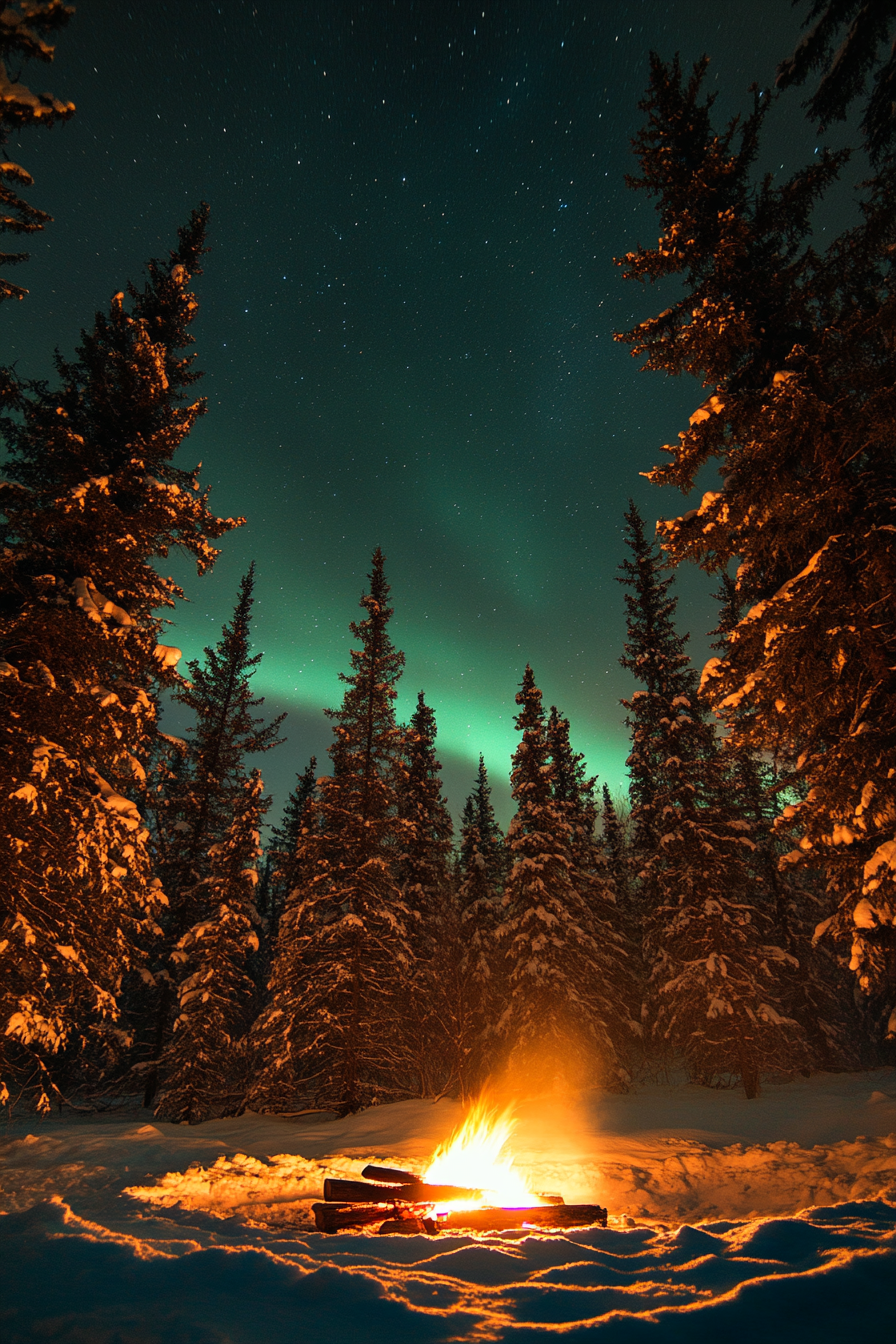 High alpine site. Wind-protected fire pit amidst tall coniferous trees, clear view of aurora.