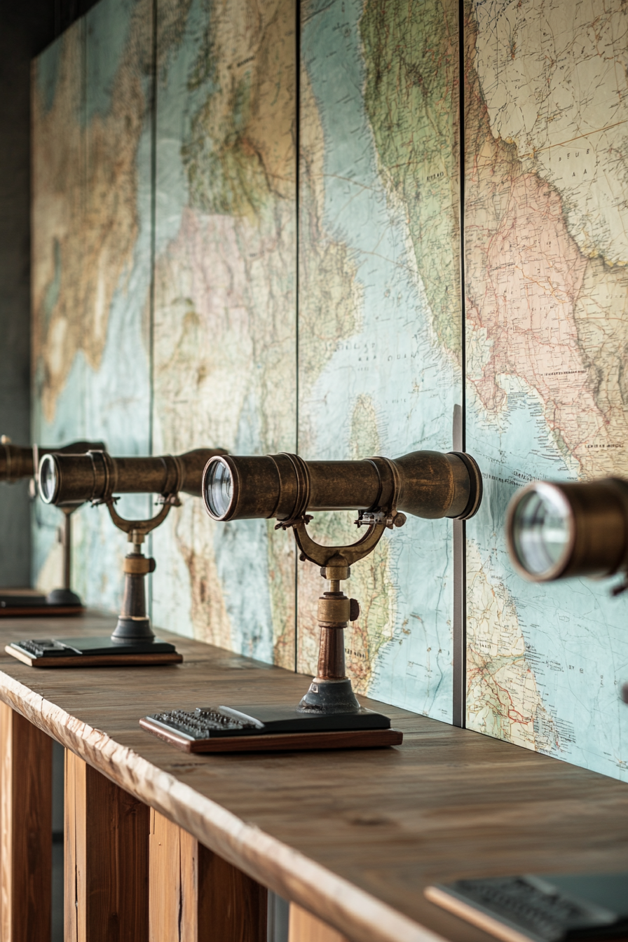 Coastal analysis space. Walled in maps, glass weather forecast boards, maritime binoculars.