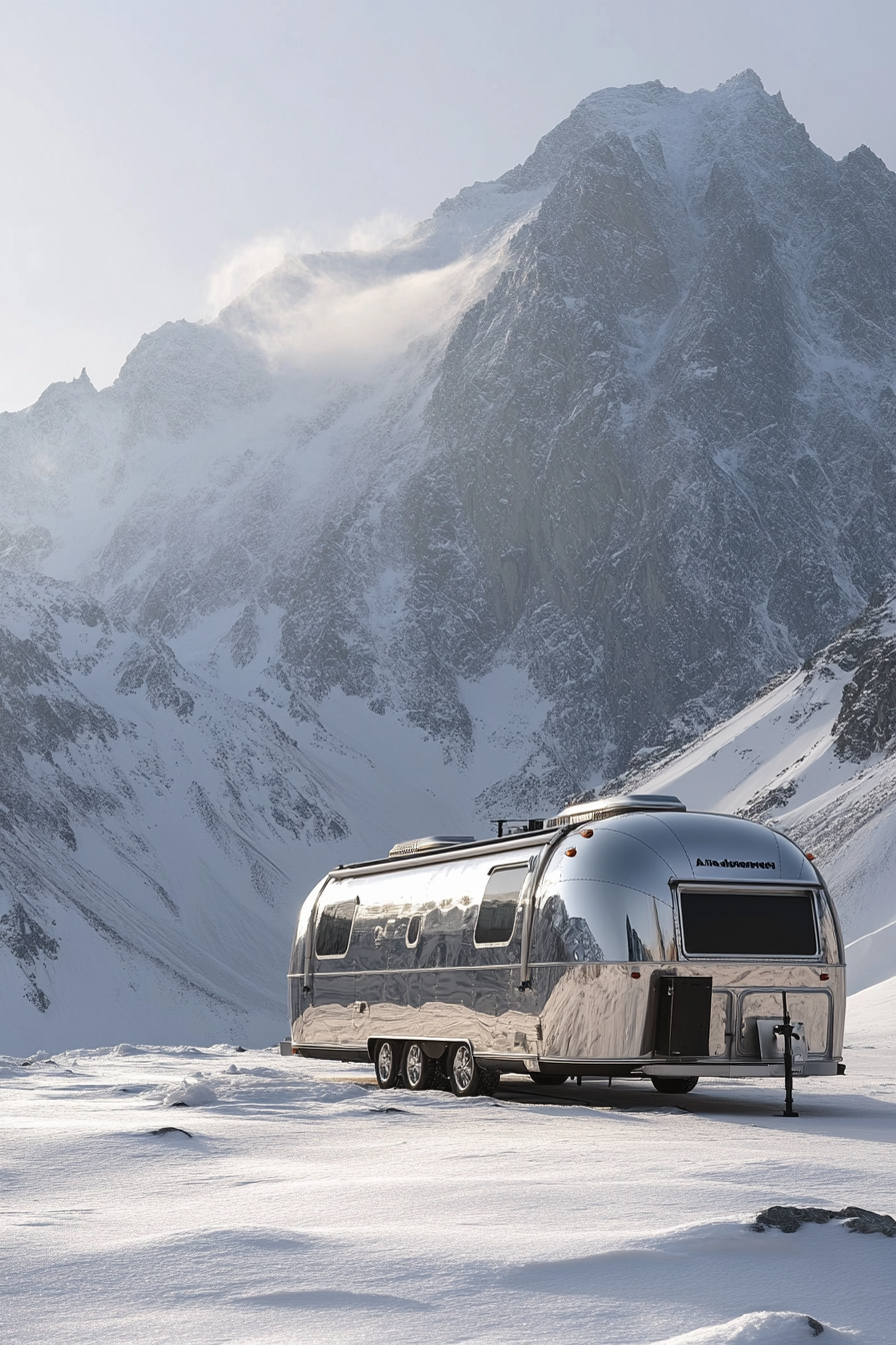 Alpine mobile space. Silver airstream with incorporated drone launch-pad, snow-touched mountaintop nearby.