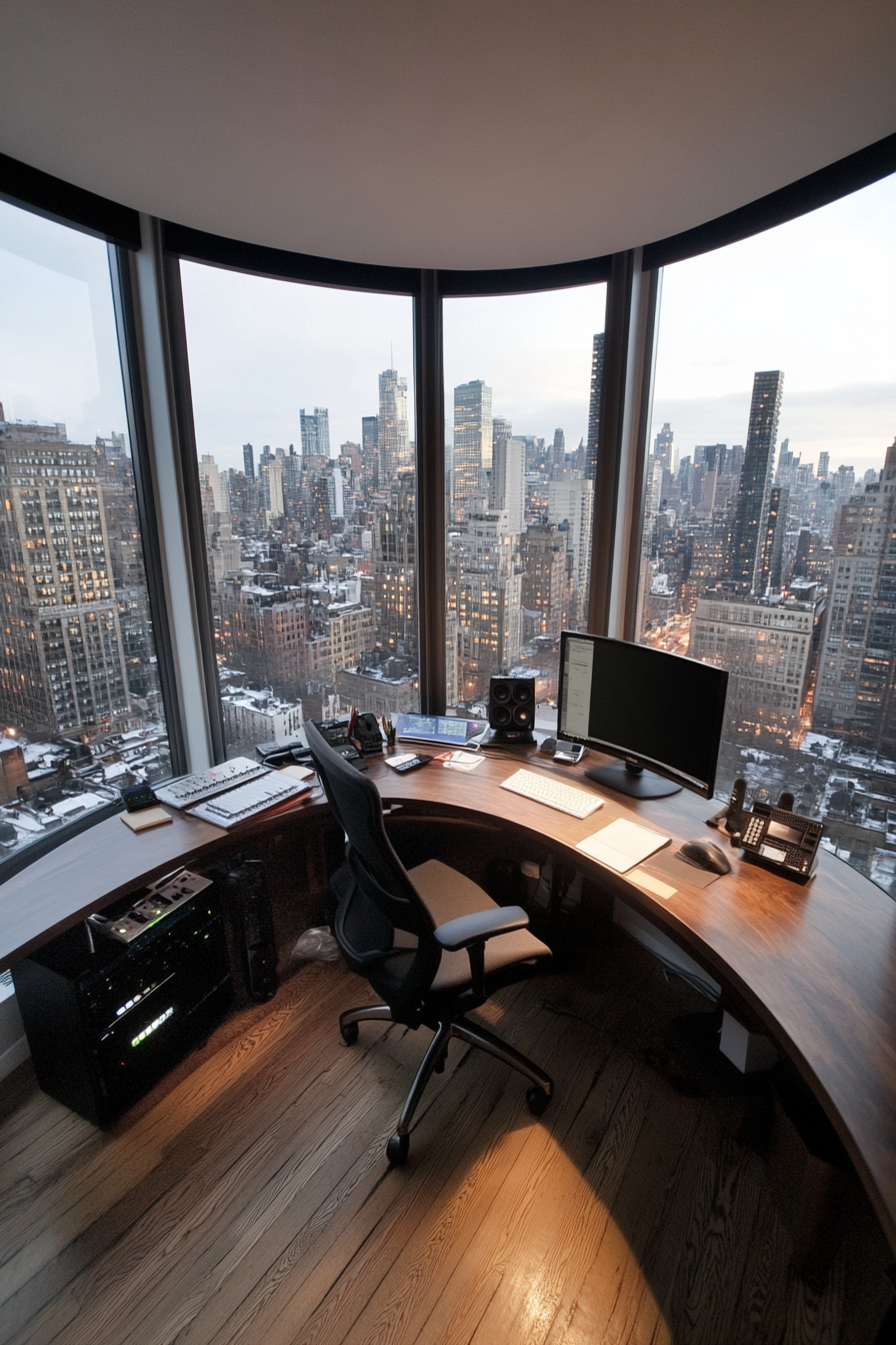 Creative mobile space. Semi-circle desk against floor to ceiling windows with editing bay.