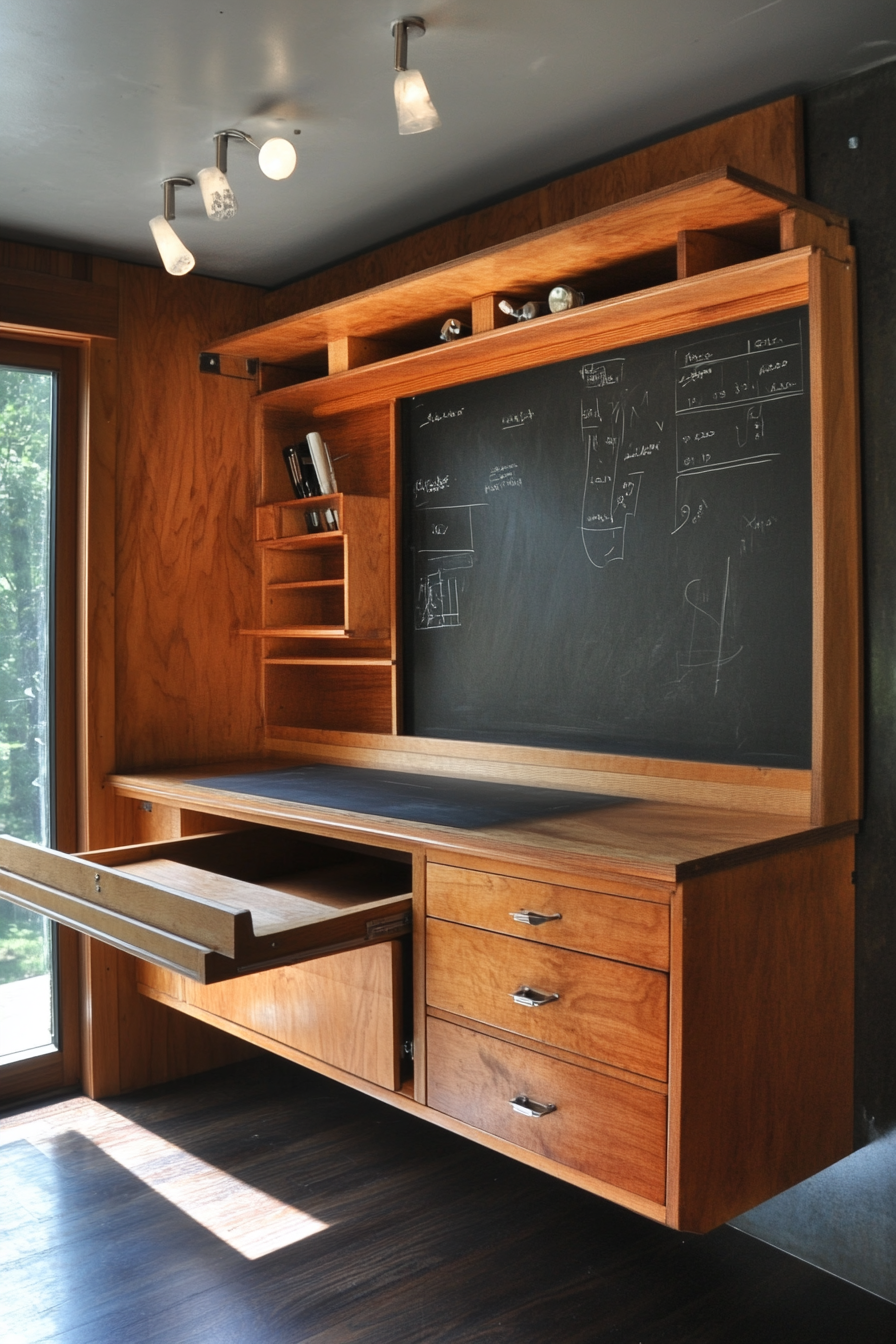 Research mobile space. Compact roll top desk with equipment drawers & blackboard wall.