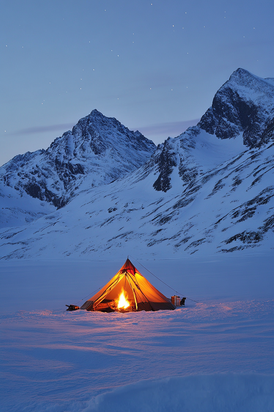 High Alpine Site. Wind-protected fire pit with aurora viewing tent near snowy peaks.