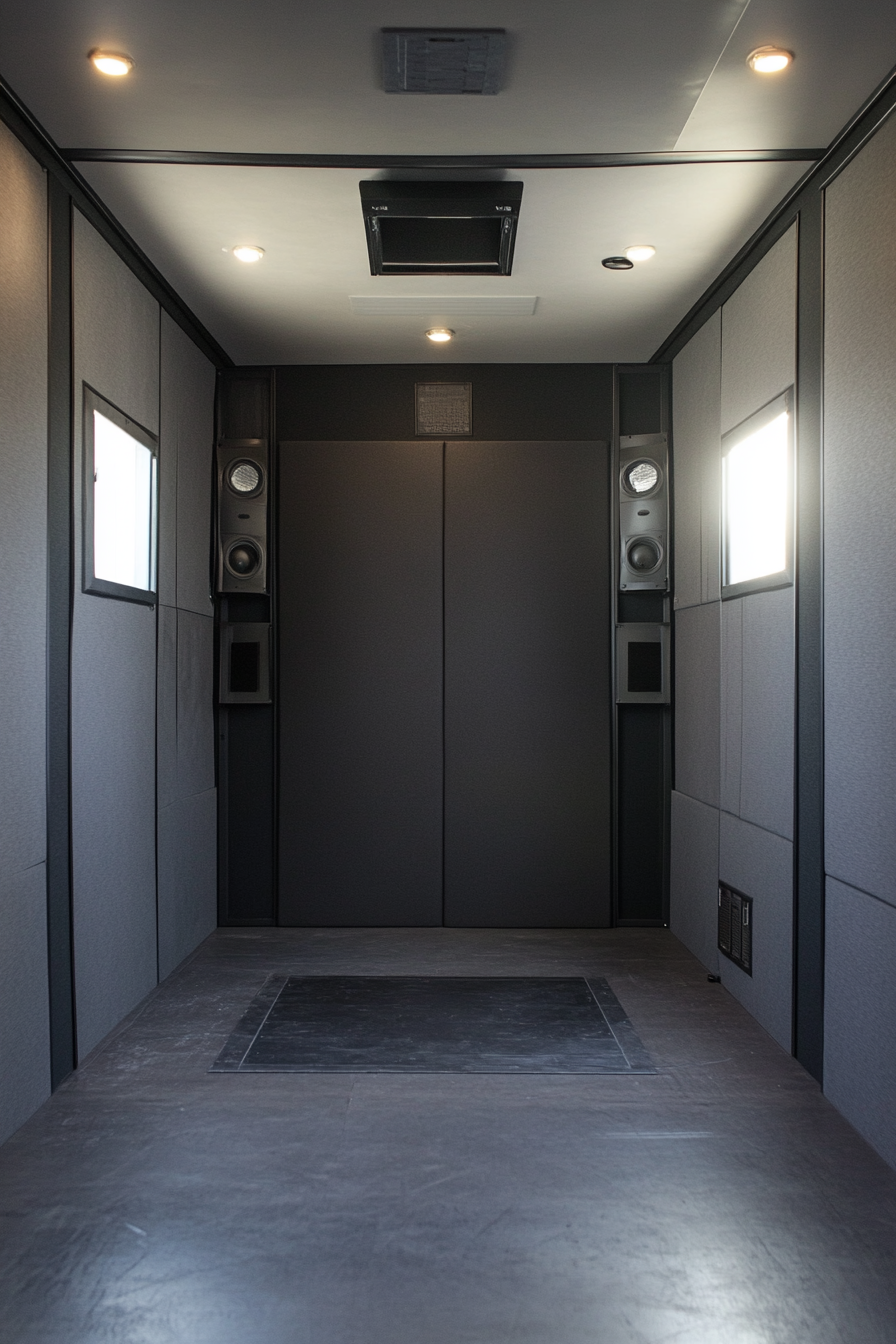 Mobile studio space. Adjustable soundproof panels with charcoal grey foil.