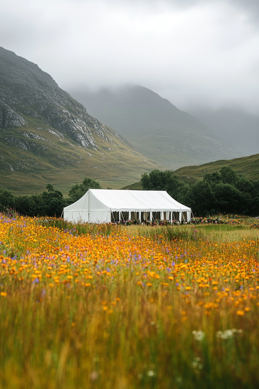 Highland site. Wildflower surrounding, weatherproof marquee, panoramic mountain view.