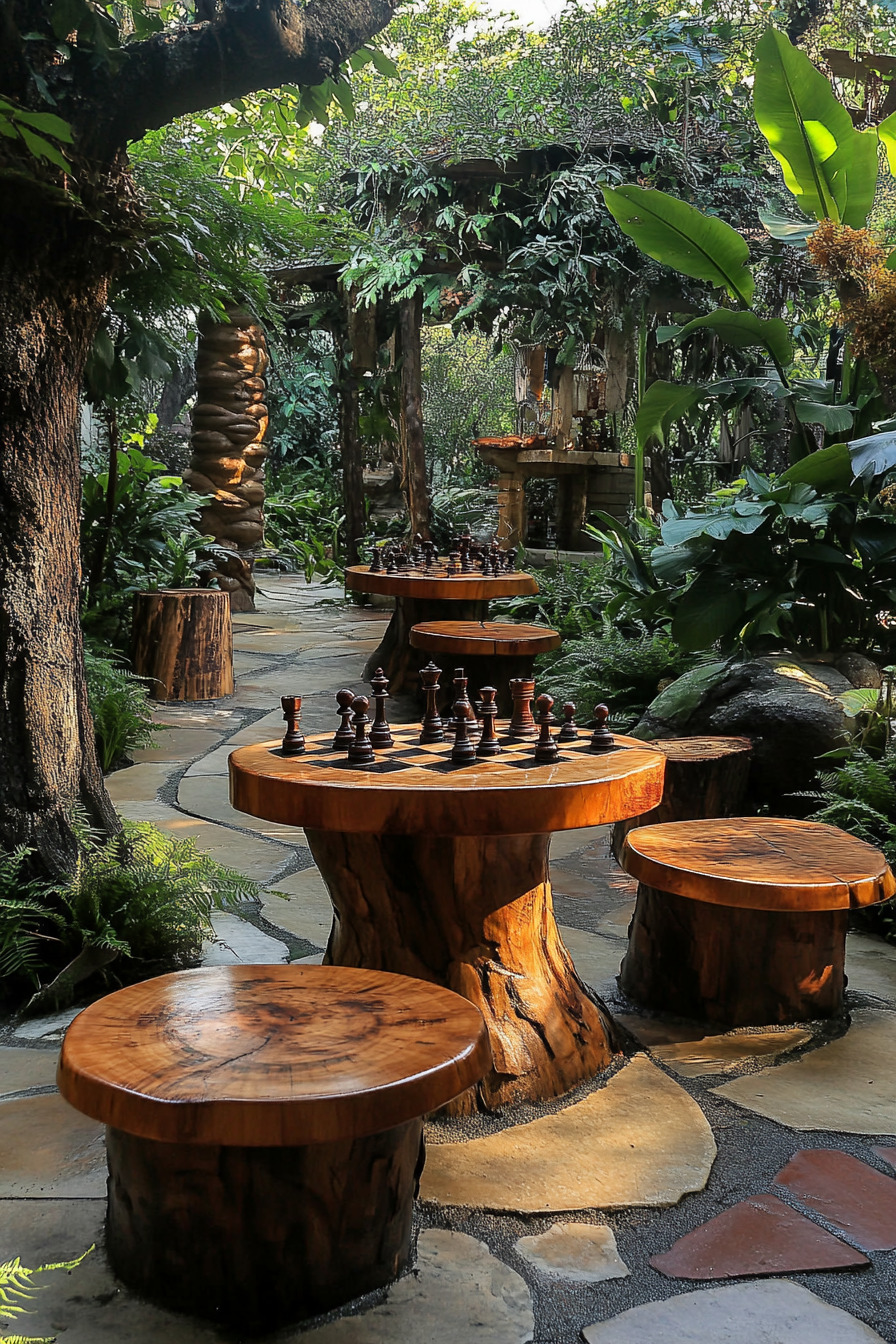 Wellness Escape Space. Serenity garden with hand-carved wooden chess set.