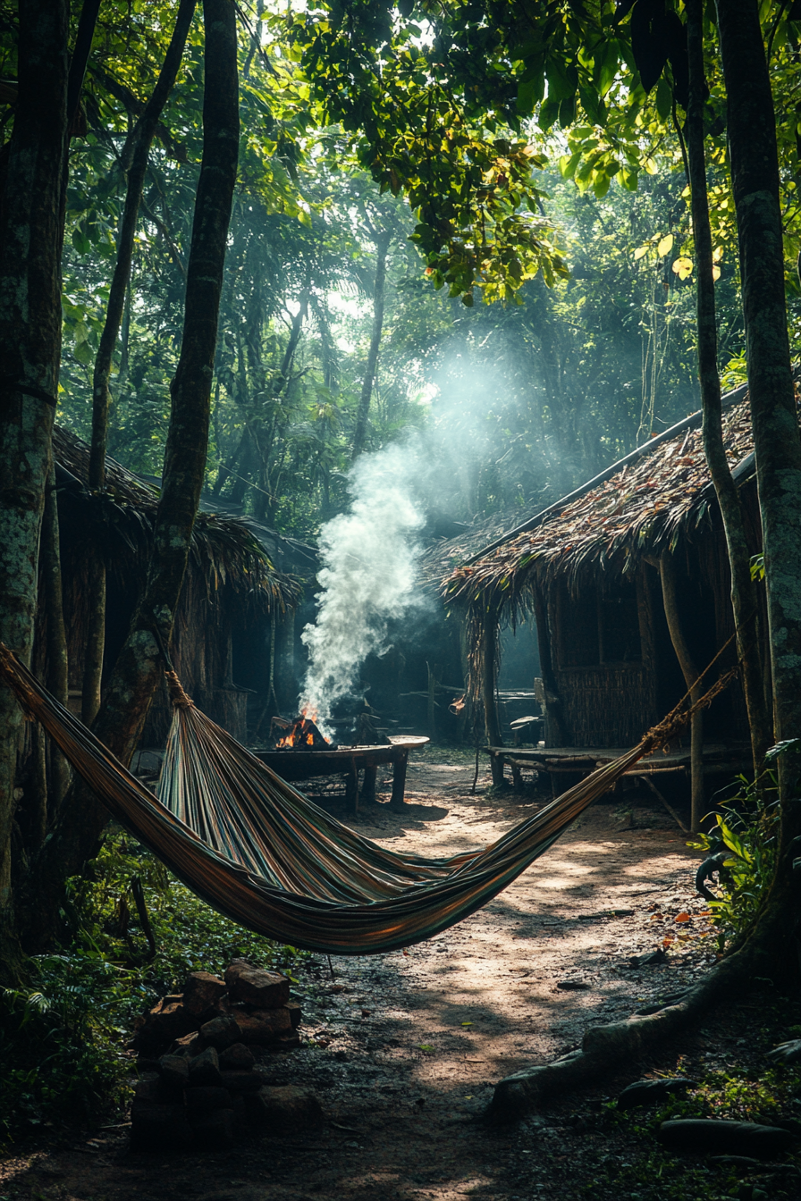 Jungle clearing space. Hammock under elevated plastered huts, closest to the smoking fire pit.