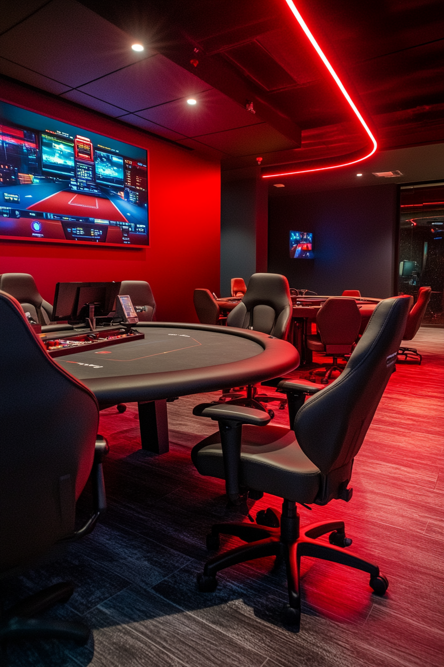 Social gaming space. Tournament area with biometric gaming chairs and multiple screens.