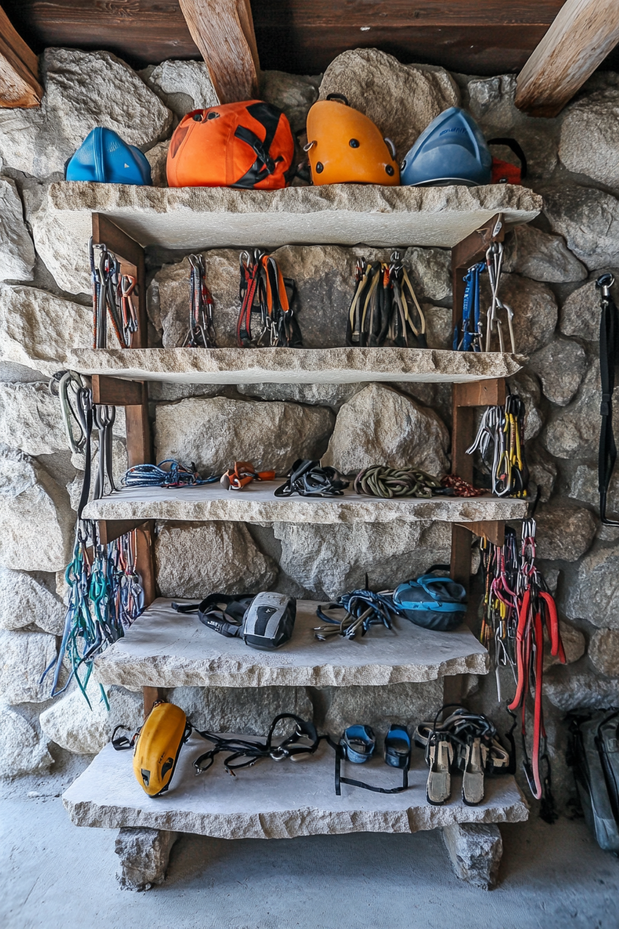 Mountain community space. Three-tiered stone shelf with assorted climbing gear.