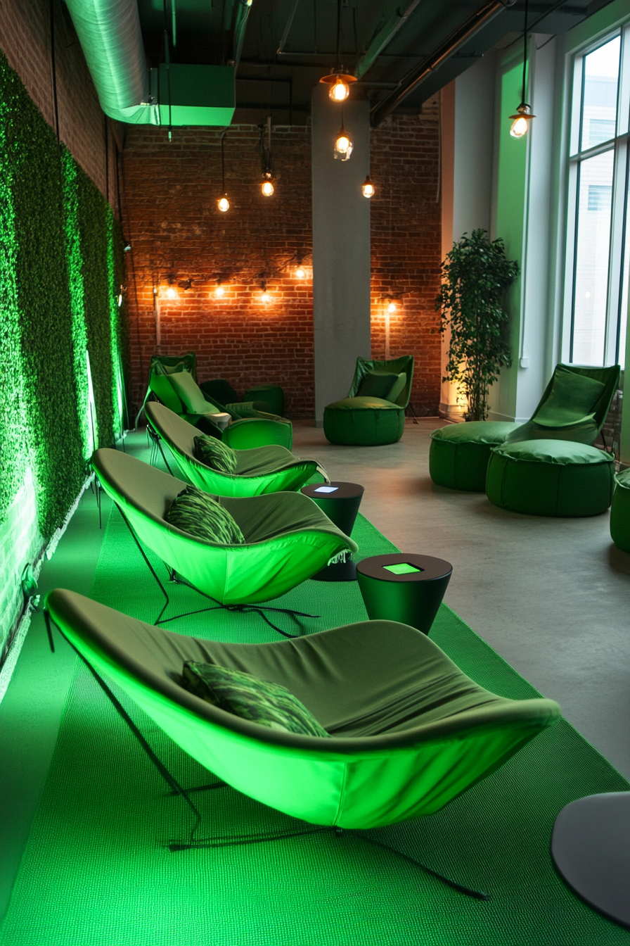 Event Support Space. Green lounge chairs, round tables, portable charger stands, chill zone.