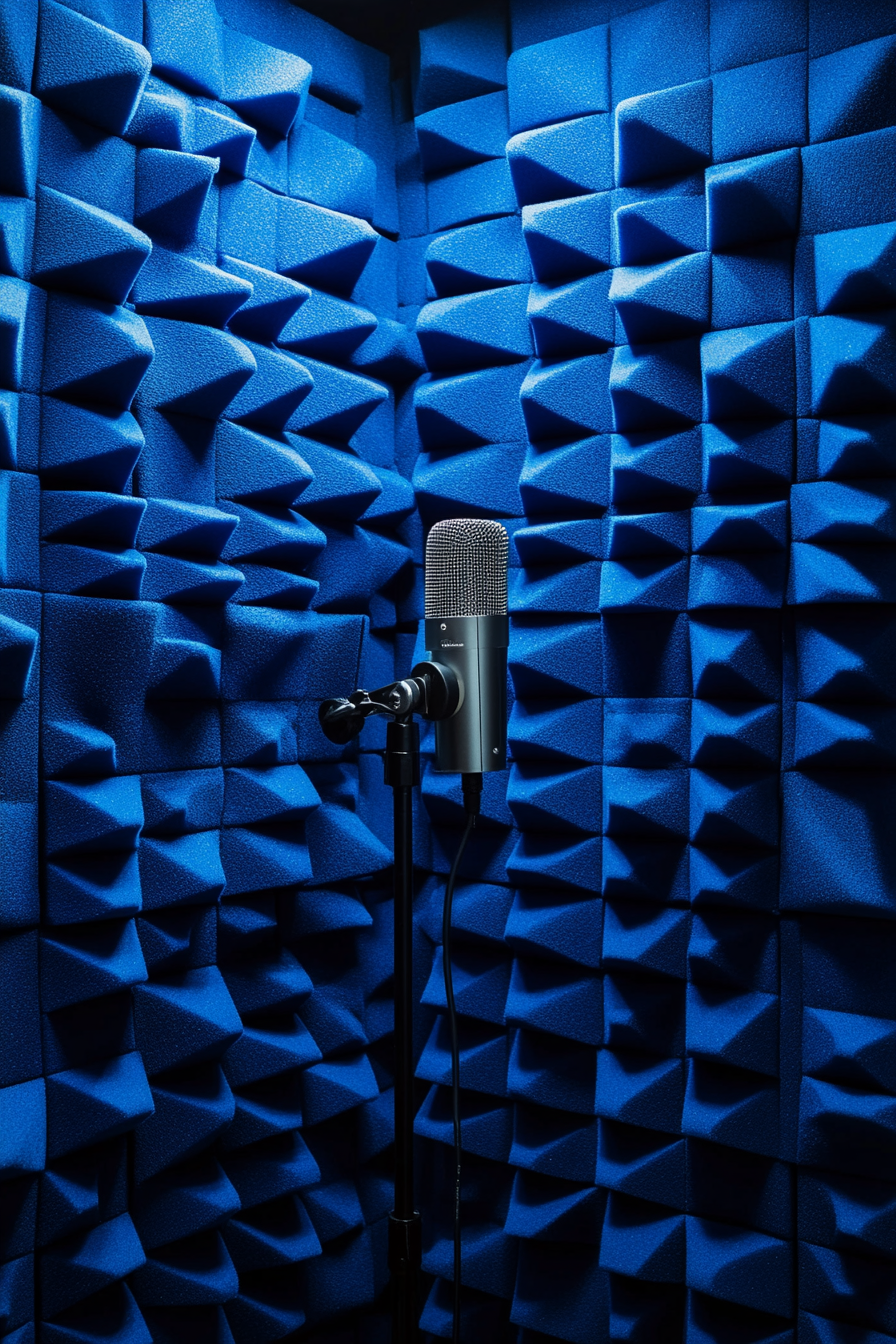 Mobile Studio Space. Blue foam panelled cubicle with condenser microphone.