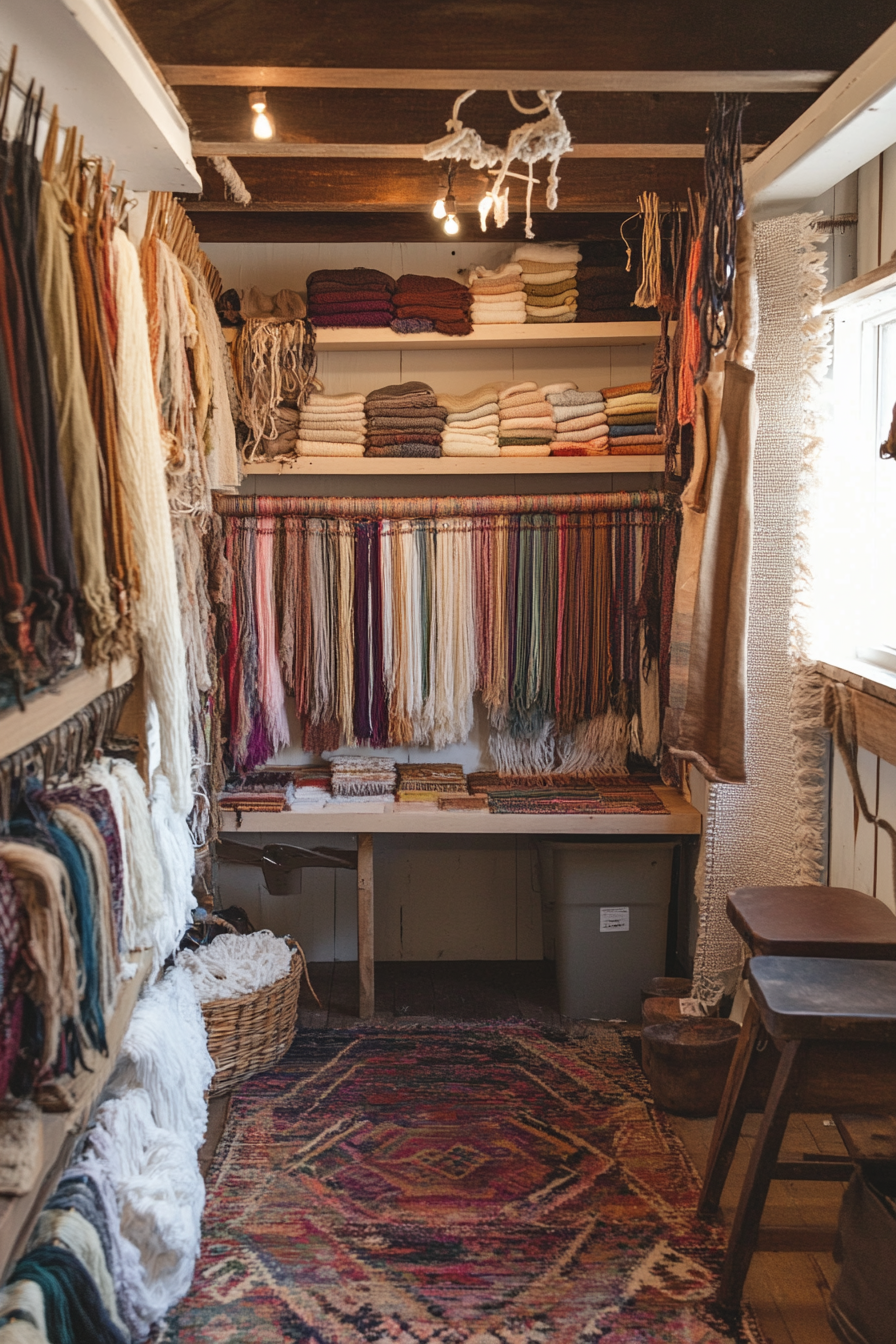 Craft space. loom storage, hanging shelves, dye swatches.