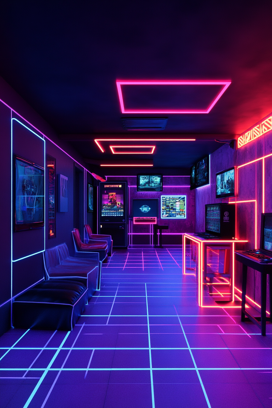 Social gaming space. VR zone dominated by neon contrast lighting.