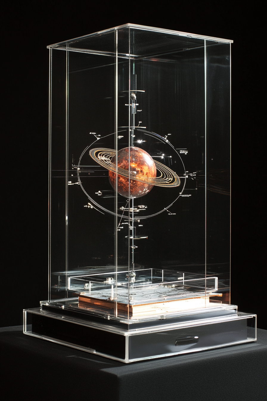 Research mobile space. Physics artifact in a GPS-locked clear display cabinet.