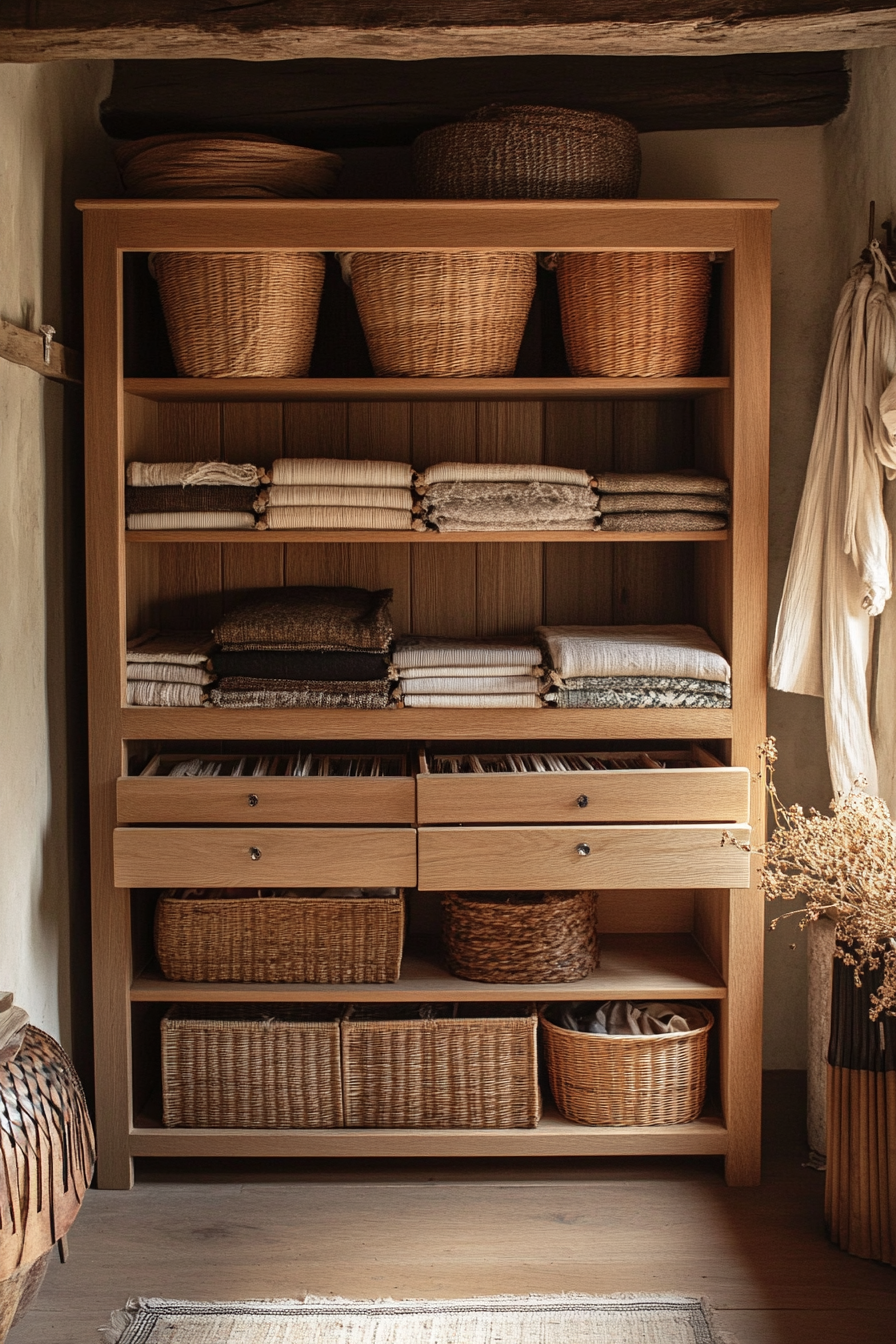 Creative craft space. Oak loom storage with woven rattan baskets.