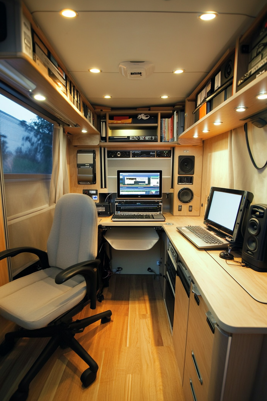 Creative mobile space. Integrated desk, comfortable chairs, shelves filled with editing gear