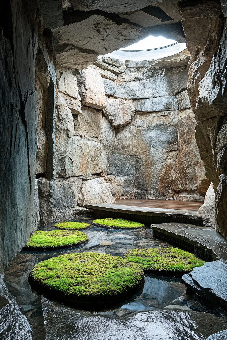 Mountain Wellness Space. Stone meditation cave with mossy floor.