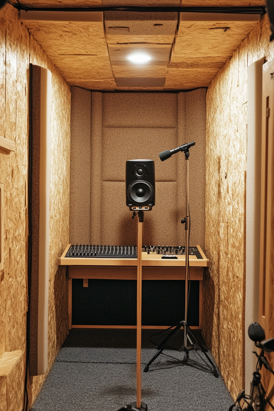 Mobile studio space. Lightweight foam panels and carpeted recording booth.