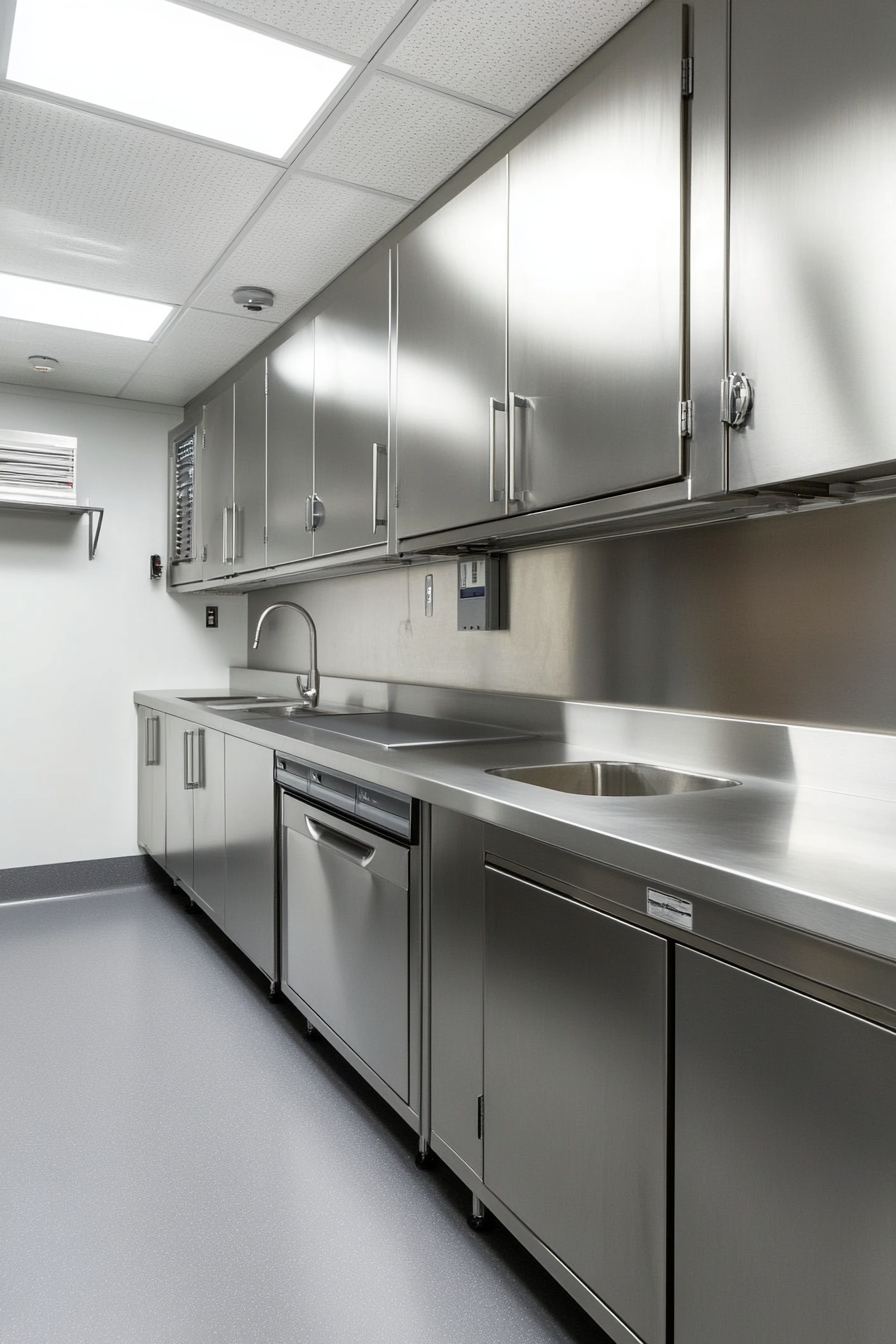 Technical Support Space. Wall hung tool cabinets and stainless steel clean-up sink.