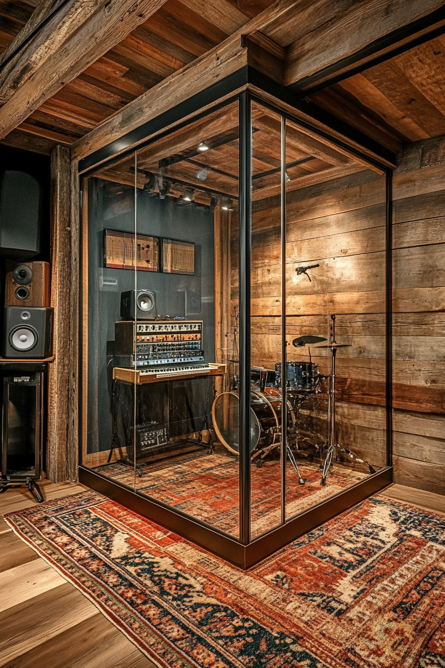 Mobile studio space. Glass-walled recording booth amidst rustic wood panels.