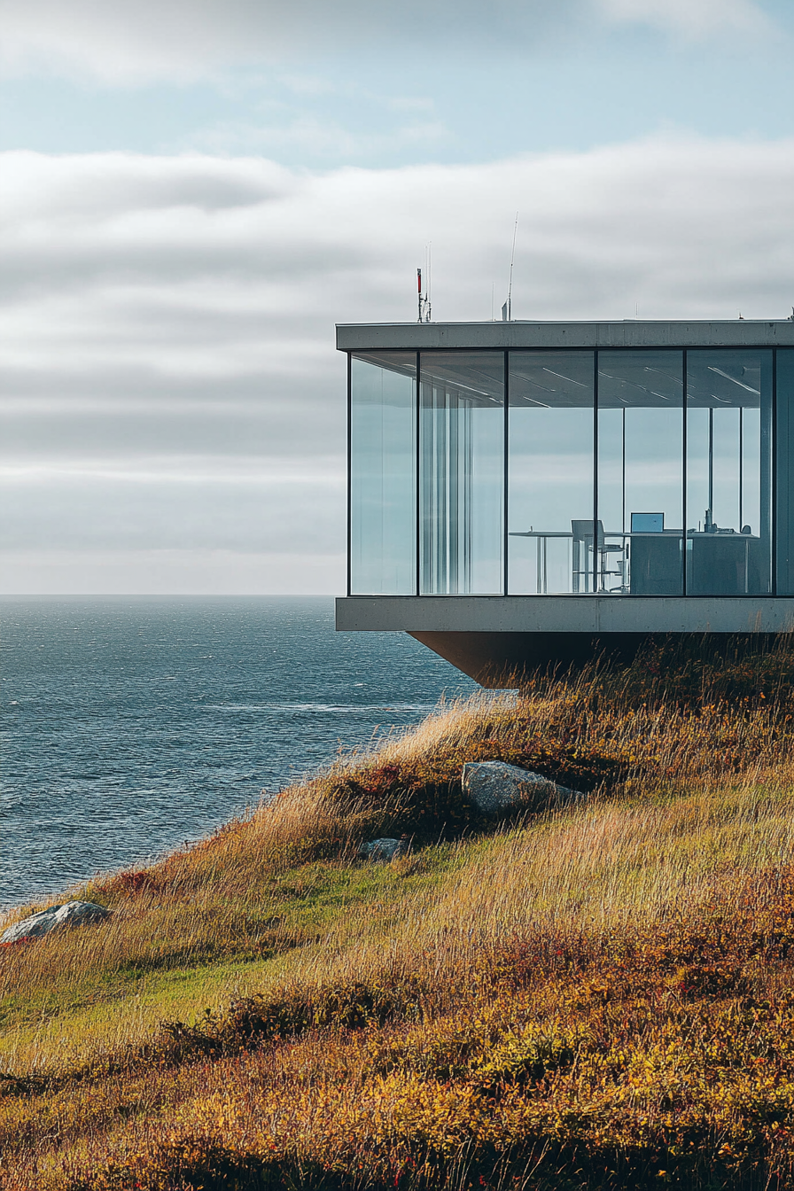 Coastal analysis space. Modern glass-built weather monitoring room overlooking shoreline.