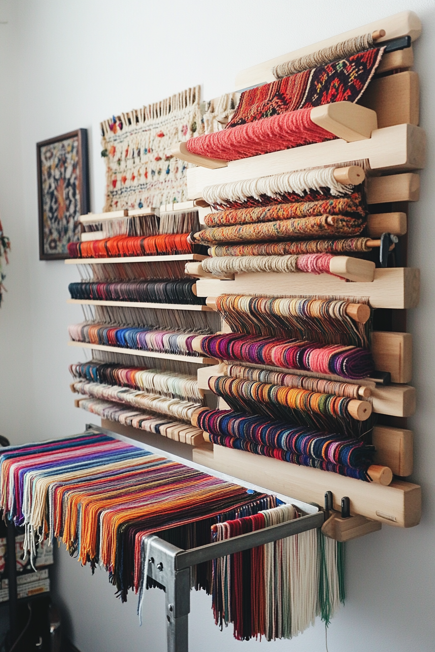 Craft space. Wall-mounted wood loom holder, adjacent to steel organizer for assorted colorful hanks.