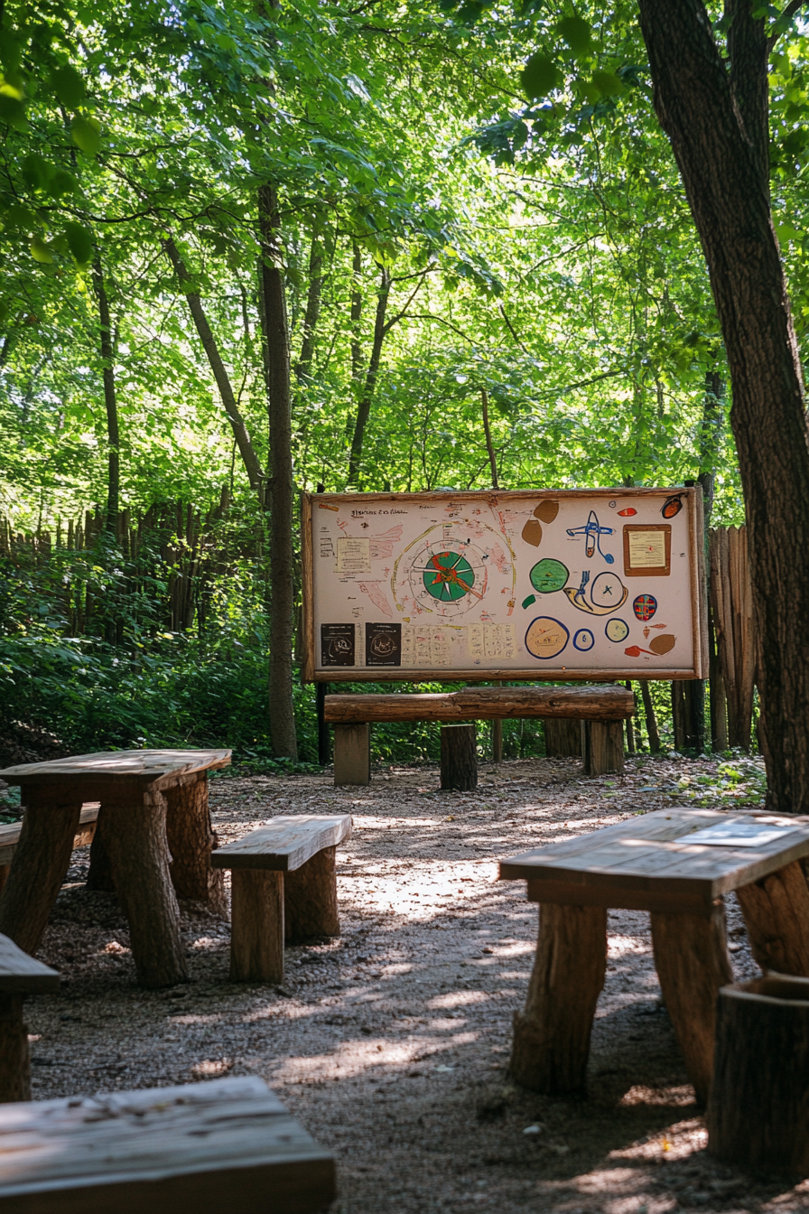 Outdoor education space. Forest-surrounded skills station with compass navigation chart.