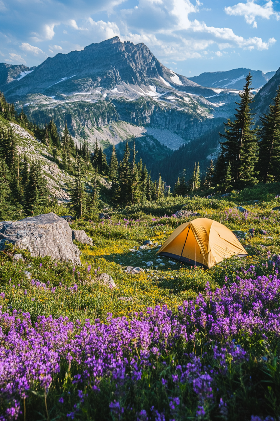Highland Camping Site. Individual tent pad surrounded by purple wildflowers with peak views.