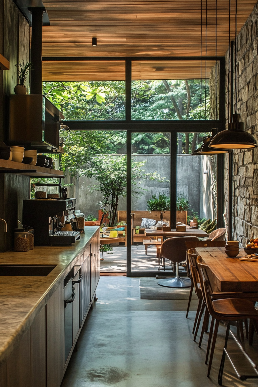 Social Cooking Space. Stone counter espresso machine station, oak family table, secluded armchair alcove.