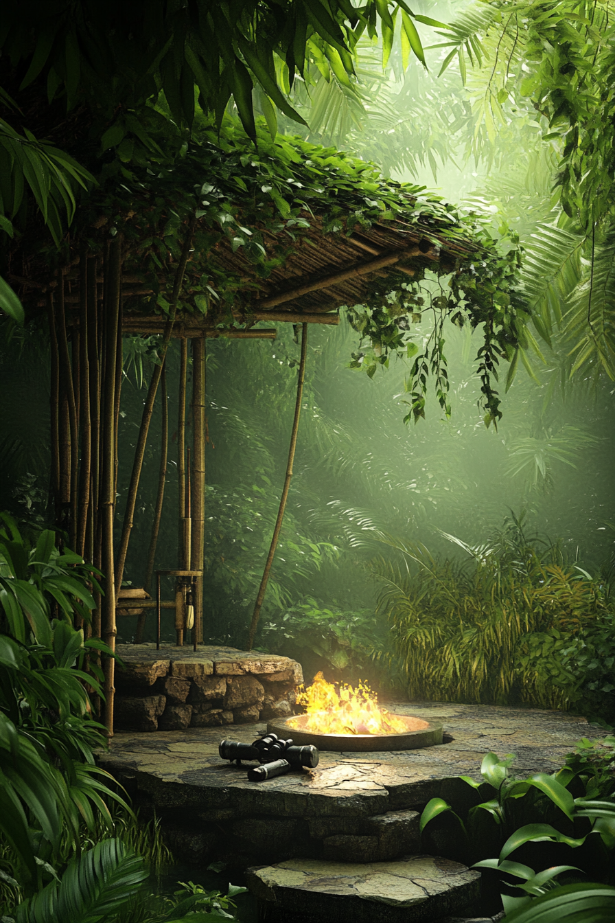 Jungle clearing. Elevated bamboo platform with green leaf canopy, stone fire pit, binoculars.