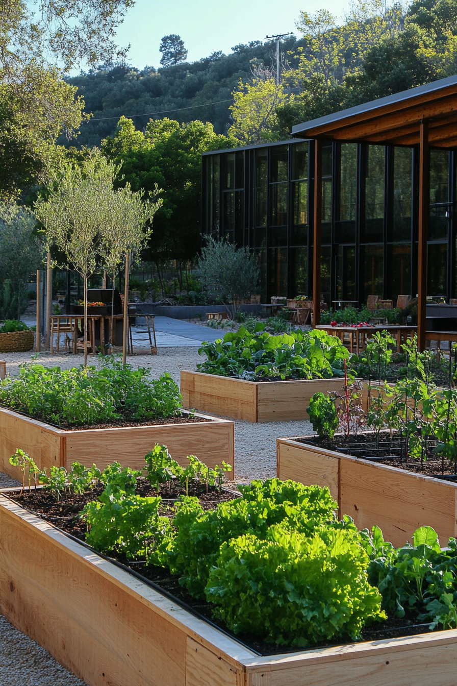 Outdoor Education Space. Contrasting pattern of raised bed garden and scavenging lab.