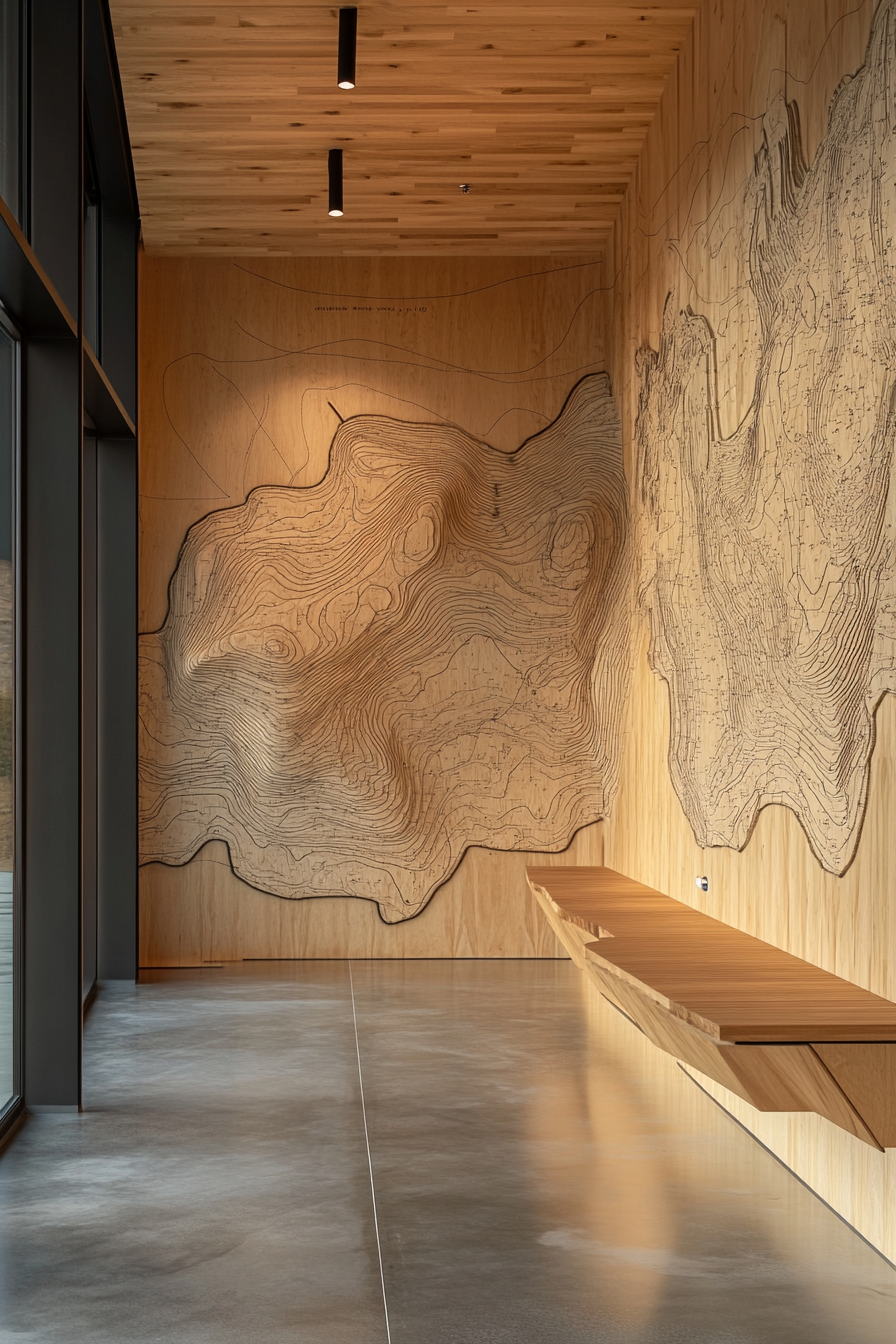 Mountain Community Space. Timber-clad briefing area with topographical map feature wall.