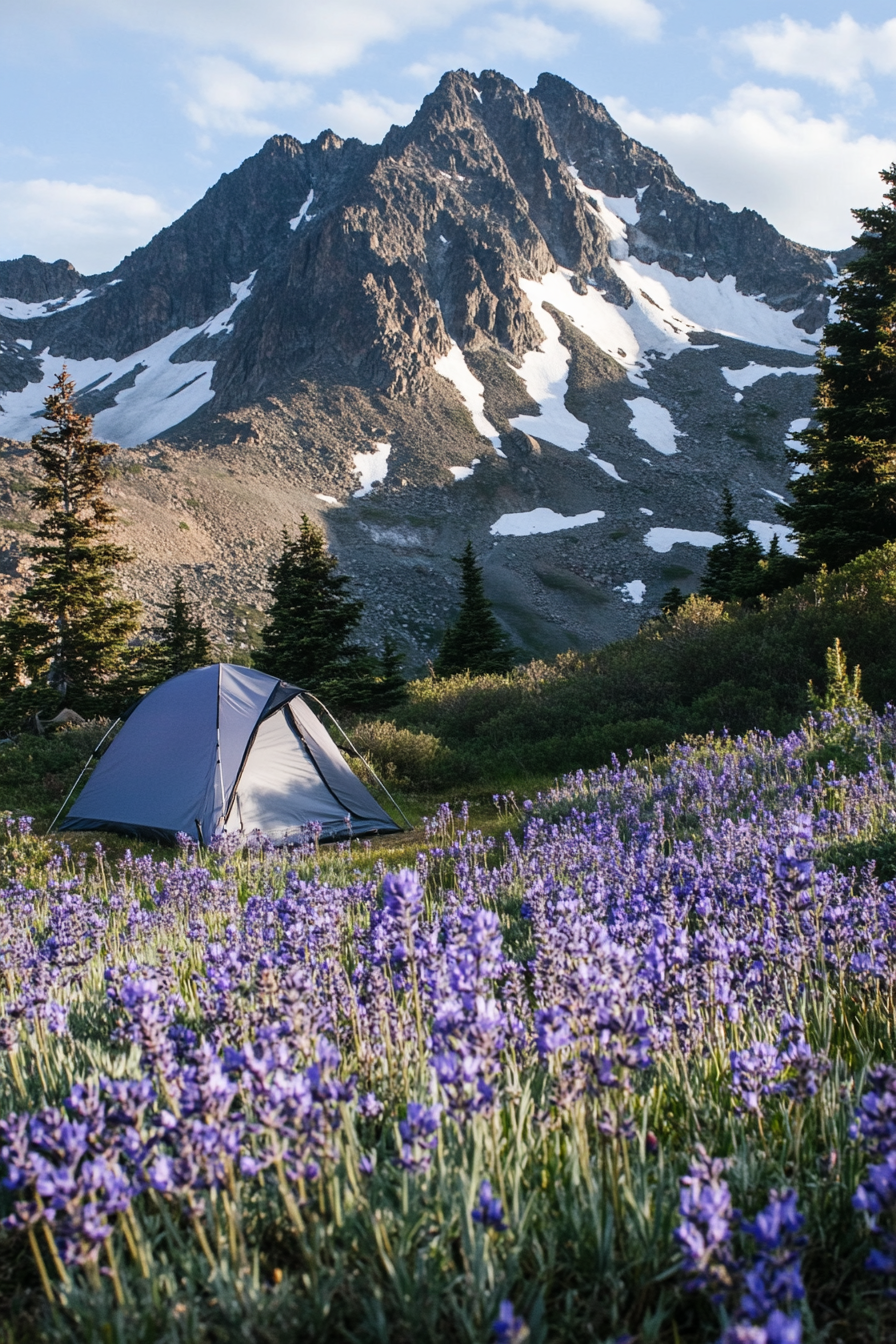 Highland camping site. Lavender wildflowers, shielded tent pad, snowy mountain vistas.