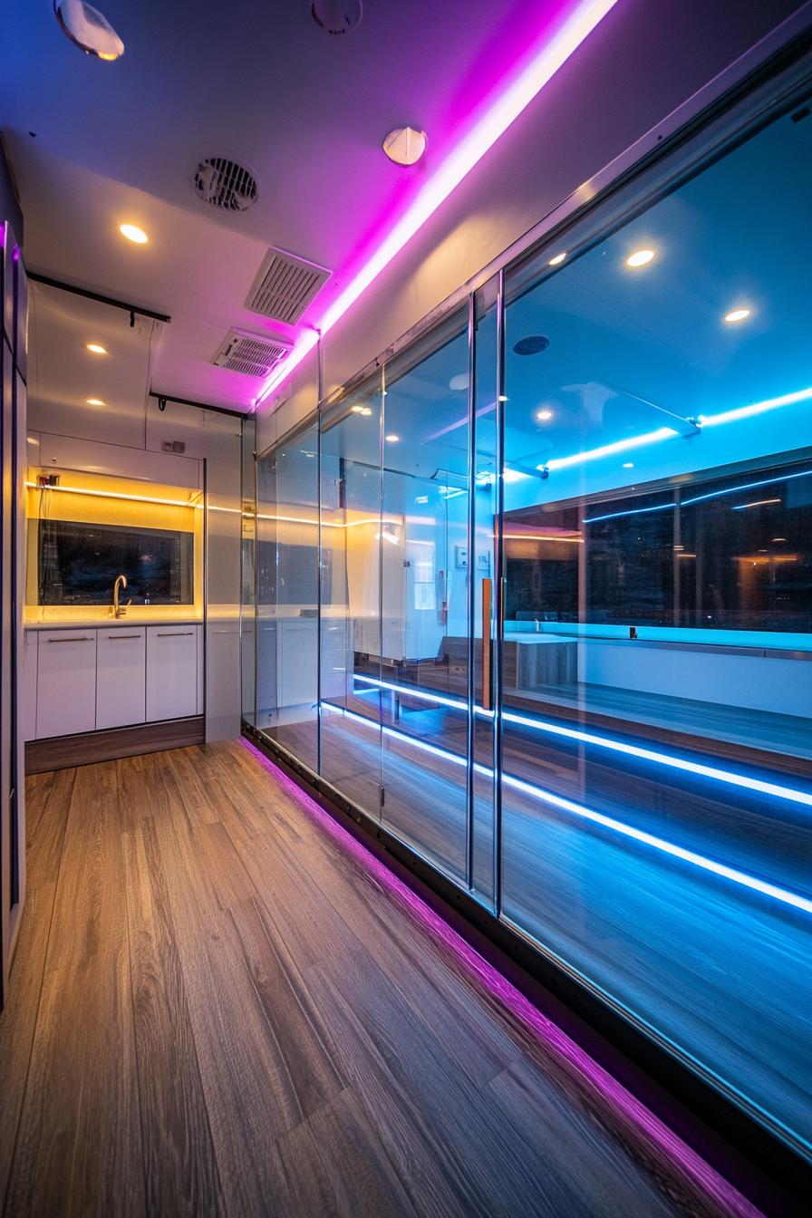 Mobile Studio Space. Panoramic glass wall with step-on LED strip lights railing.