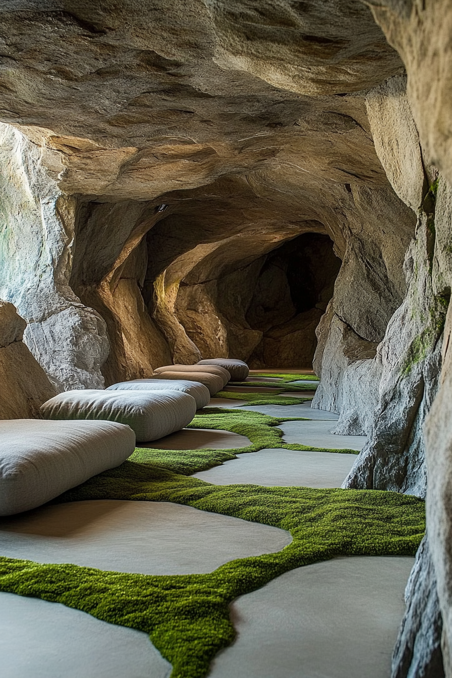 Wellness Space. Rocky meditation cave with soft moss floor coverings.