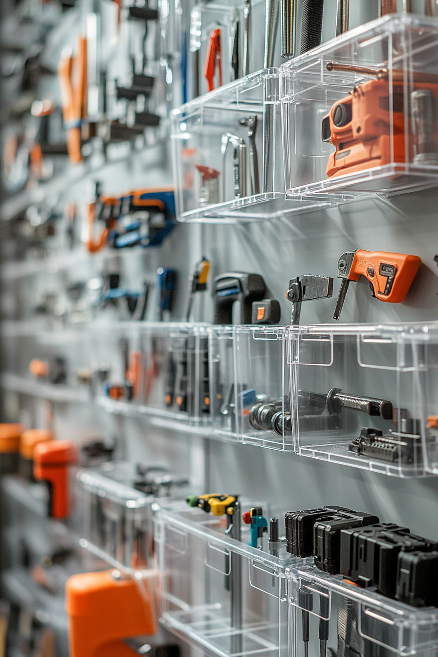 Technical Support Space. Wall-mounted transparent organizing bins displaying different hardware tools.