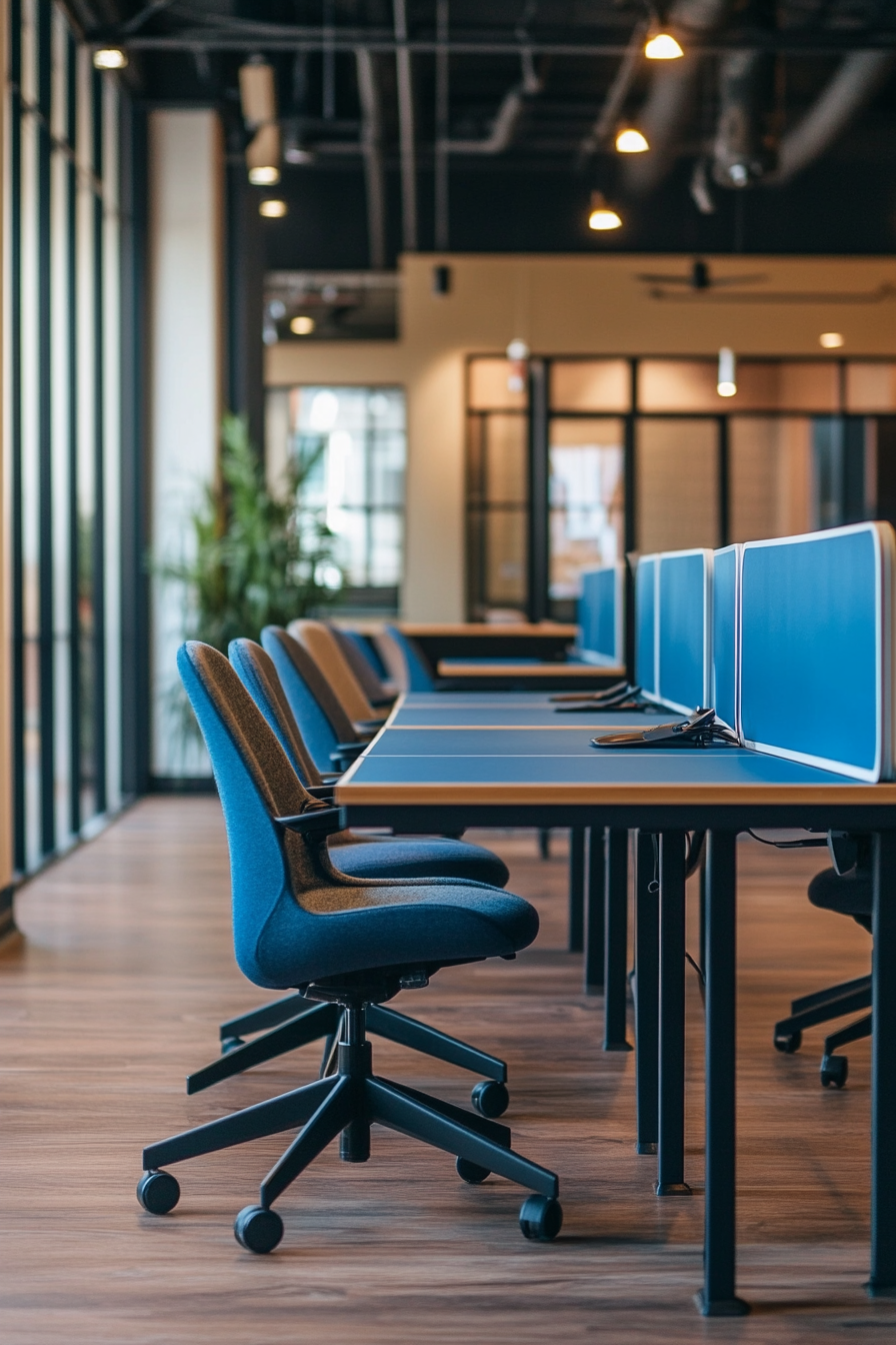 Community space. Studio pod equipped with blue drafting tables and tertiary-style swivel chairs.