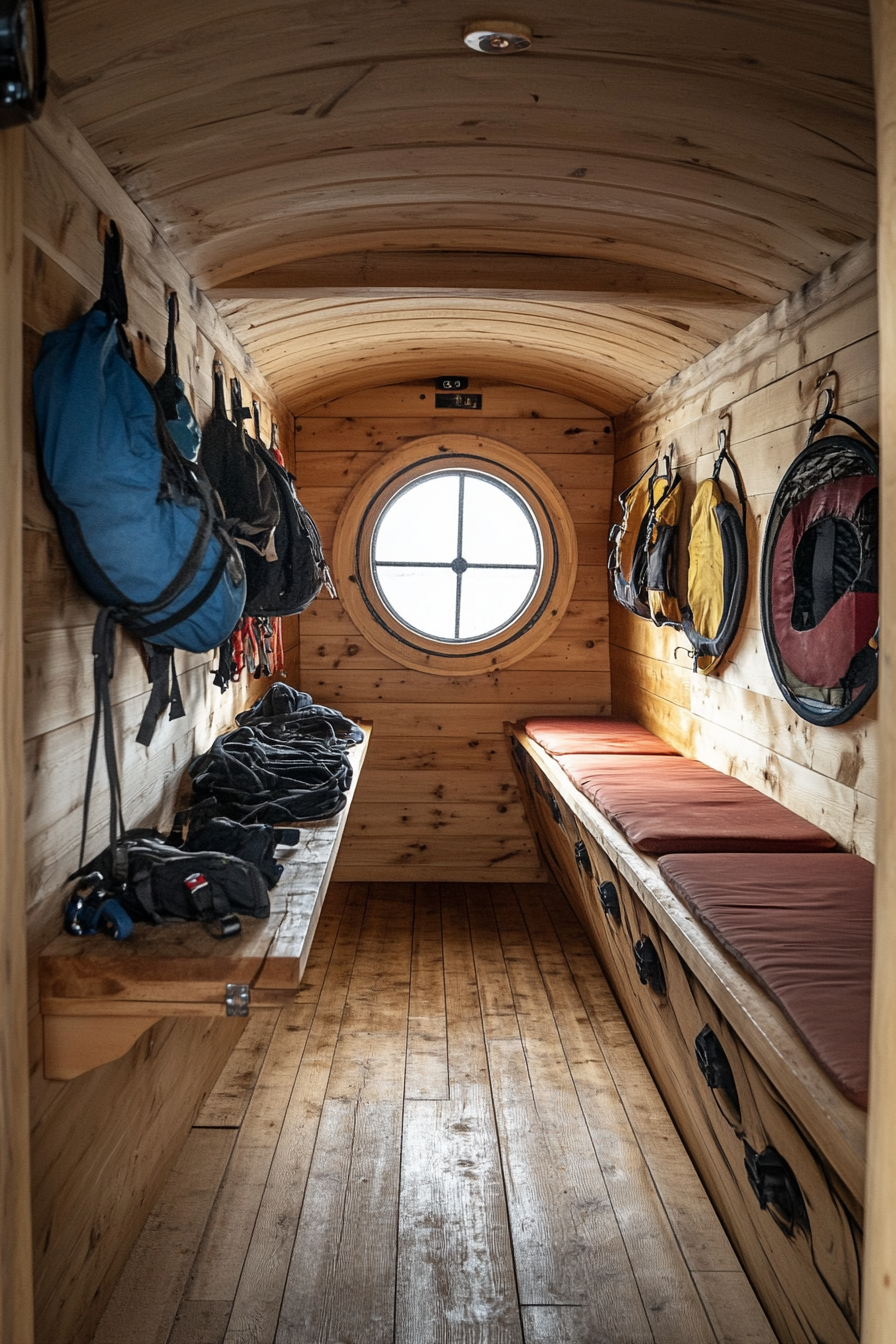 Water adventure space. Wooden raft with attached waterproof gear locker.