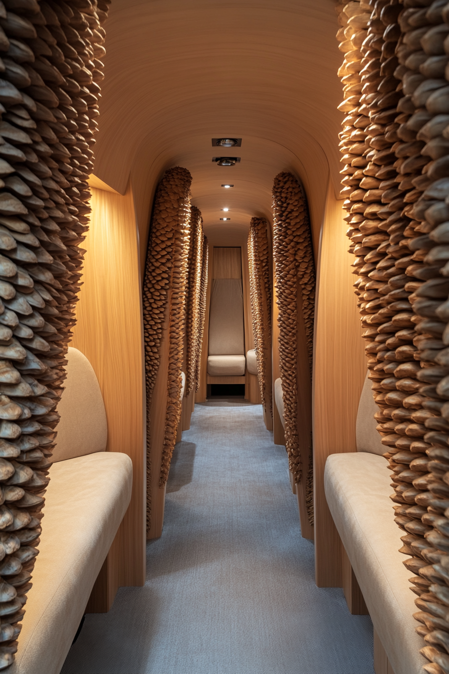 Therapy Van Space. Pinecone sculptures, heavy curtains, sound absorbing panels, private velour seating.