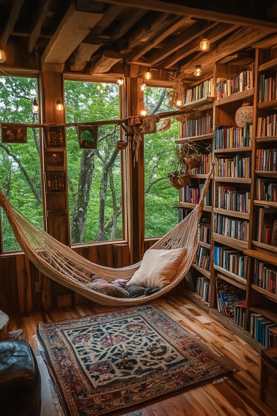 Wellness escape space. Treehouse library with hanging hammocks and springtime bird sounds.