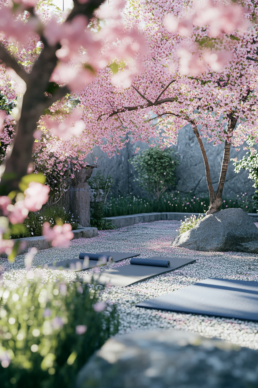 Wellness Escape Space. Tranquil garden scene with yoga mats and flowering cherry blossom tree.