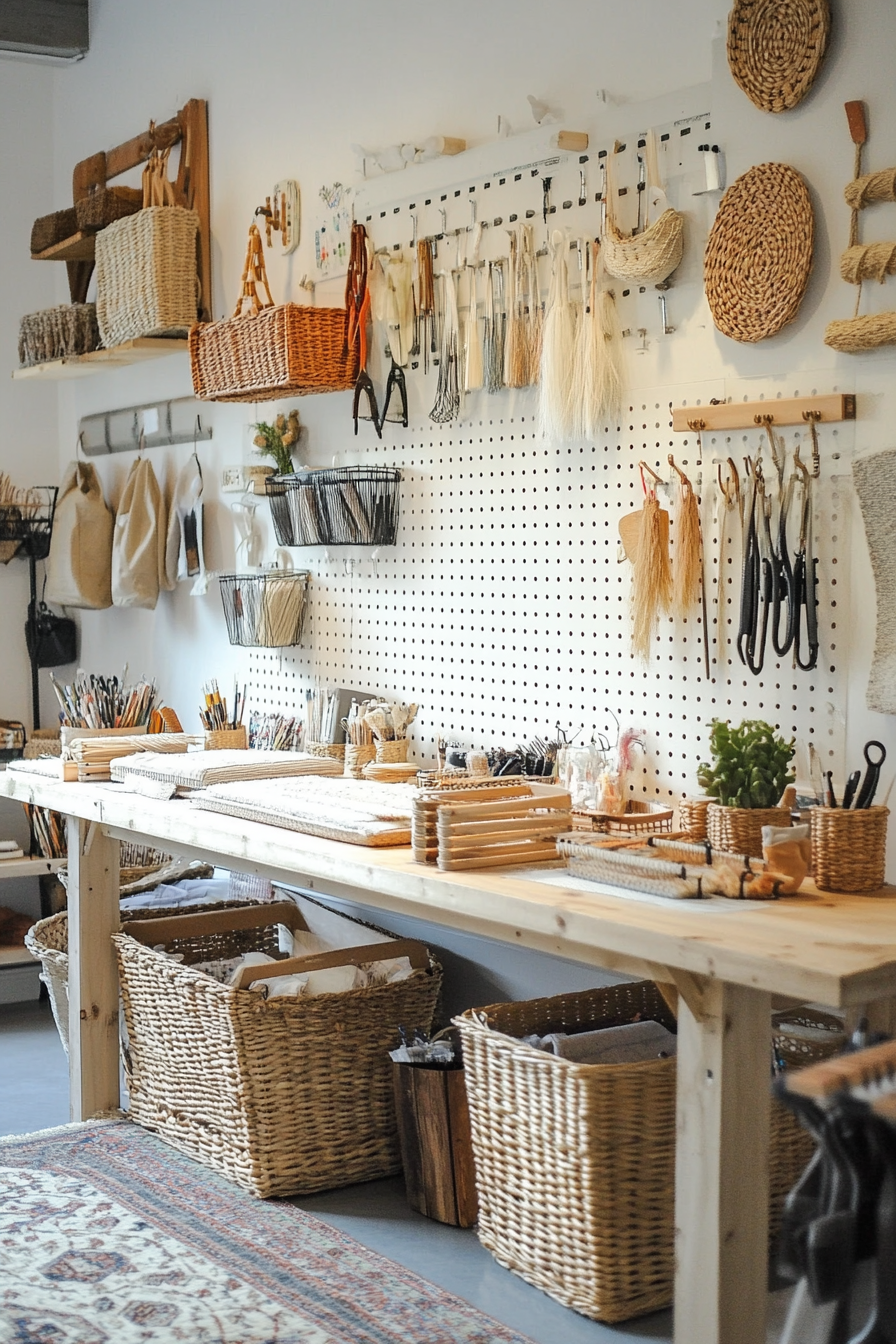 Creative craft space. Loom storage with wall-mounted pegboard and woven baskets.