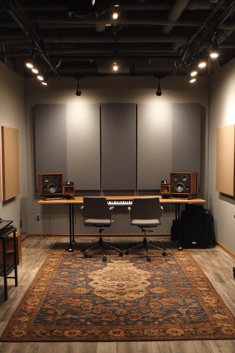 Creative learning space. Studio setup with amber tracklights, grey sound panels, beachwood furniture.