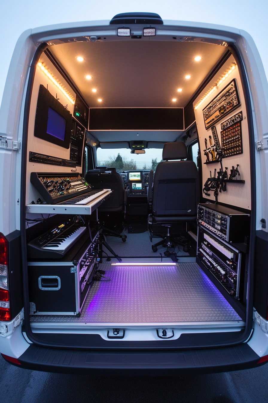 Mobile Studio Space. White, pristine van with instrument storage and nonslip vinyl floor.