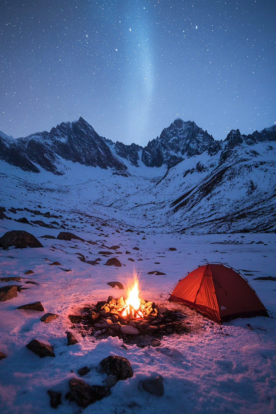 High Alpine Site. Wind-protected fire pit, facing north tent spotting mystical aurora over snowy mountains.