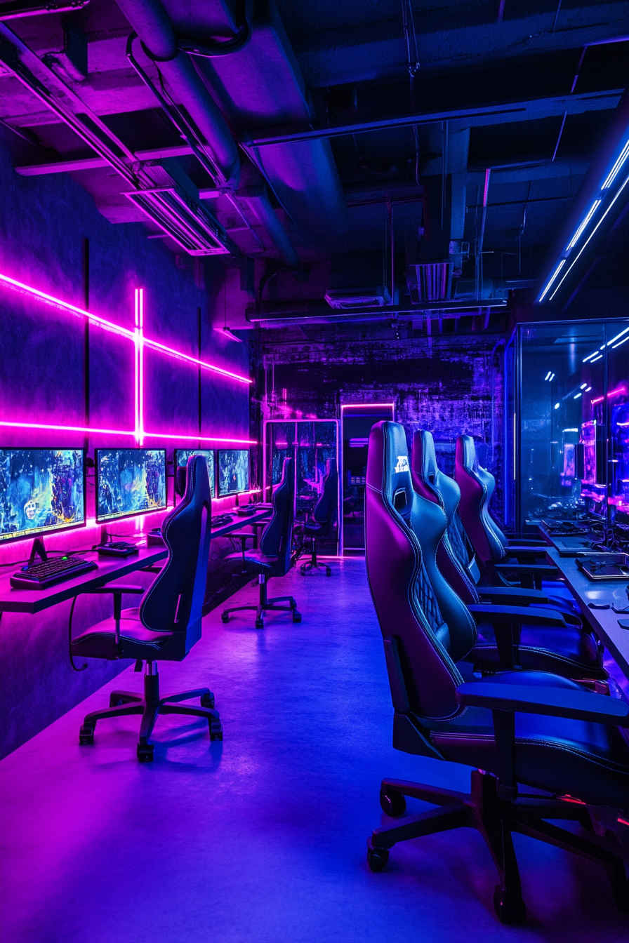 Social gaming space. VR Zone with neon lighting and futuristic chairs.