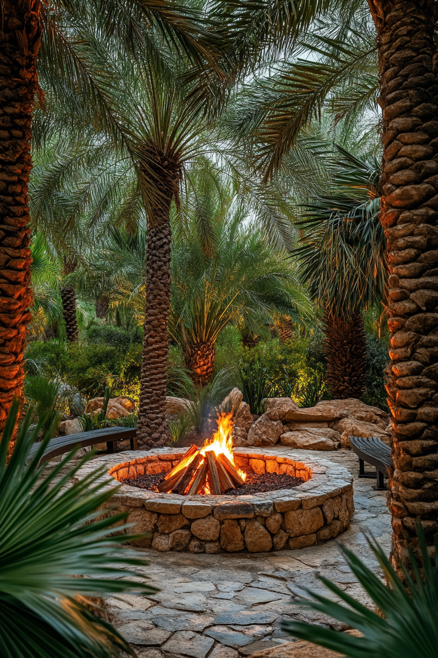 Palm Grove Space. Traditional fire pit surrounded by ancient palm trees.